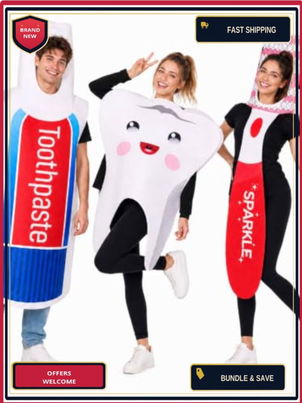 Tooth Toothpaste Toothbrush Costume Set 3-Pc Adult Group Halloween Cosplay
